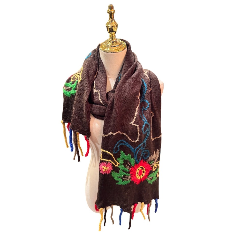 All Jazzed Up Embroidered Floral‎ Scarf Brown Knit Fringe 6' Long Boho layering